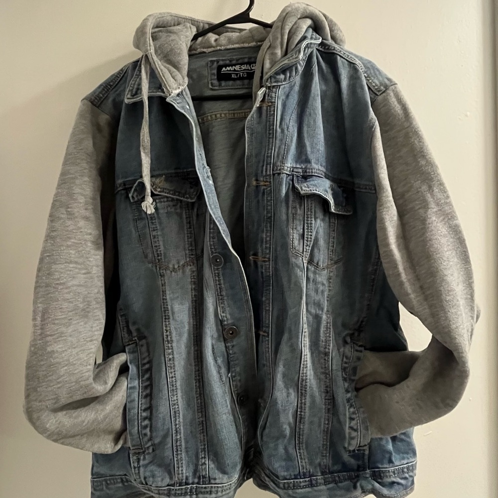Men's Denim and Gray Hooded Jacket